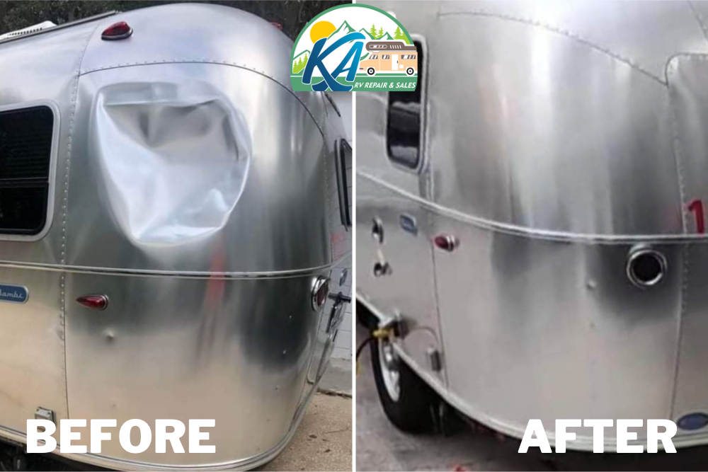 Orlando Airstream body work before and after The left photo shows a huge dent in the rear corner of an Airstream RV. The right side shows the dent fully repaired.