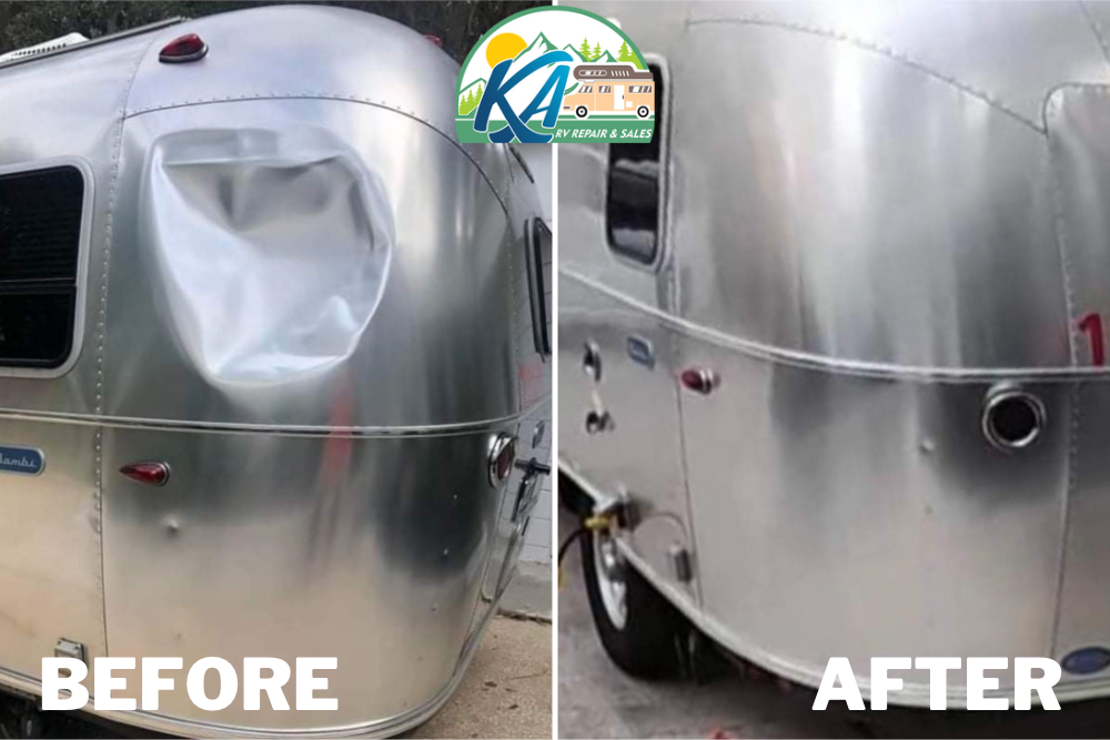 The left photo shows a huge dent in the rear corner of an Airstream RV. The right side shows the dent fully repaired.