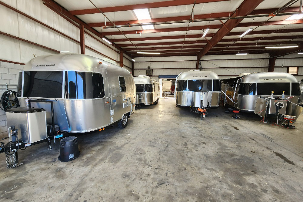 Airstream Inspections Airstreams in the repair shop at KA RV.